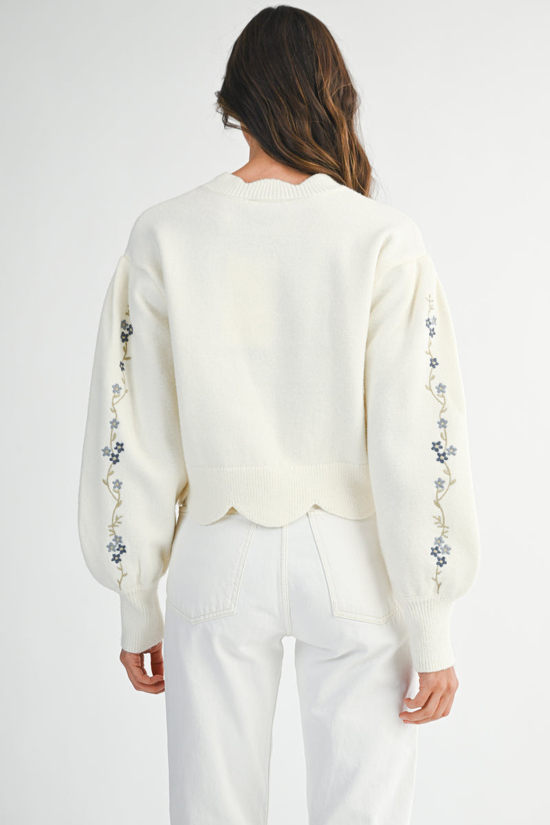 AMORA EMBROIDERED SCALLOP DETAIL KNIT TOP
