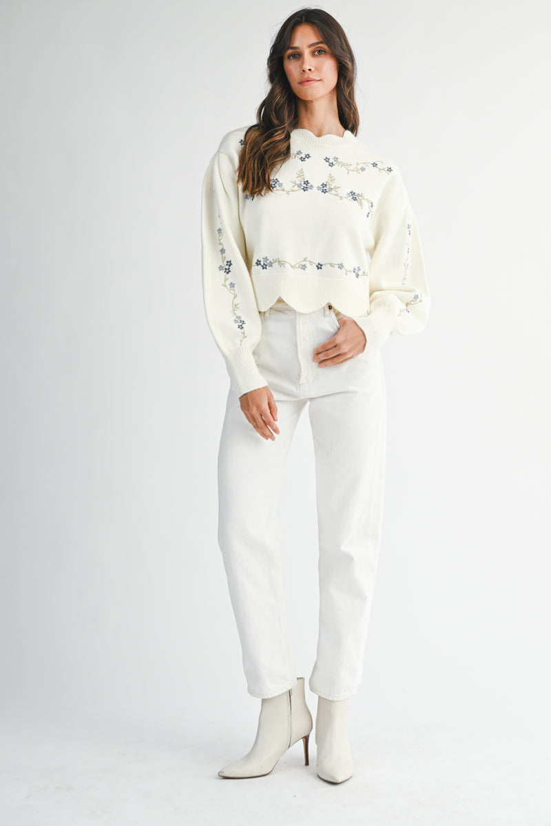 AMORA EMBROIDERED SCALLOP DETAIL KNIT TOP