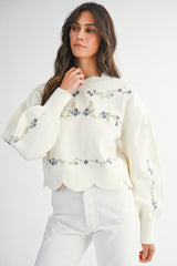 AMORA EMBROIDERED SCALLOP DETAIL KNIT TOP