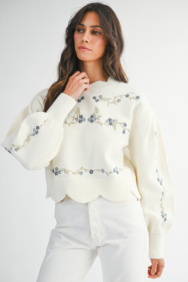 AMORA EMBROIDERED SCALLOP DETAIL KNIT TOP