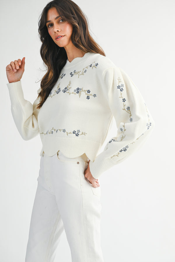 AMORA EMBROIDERED SCALLOP DETAIL KNIT TOP