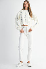 AMORA EMBROIDERED SCALLOP DETAIL KNIT TOP