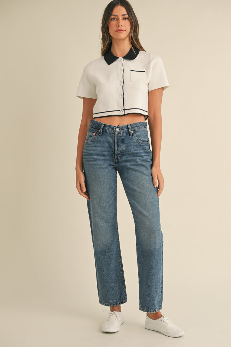 DULCINEA CROP KNIT CONTRAST COLLAR TOP