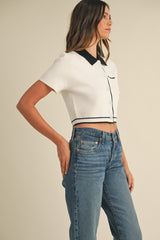 DULCINEA CROP KNIT CONTRAST COLLAR TOP