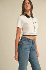 DULCINEA CROP KNIT CONTRAST COLLAR TOP