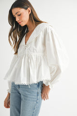 ZENDAYA LACE TRIM PETER PAN COTTON BLOUSE