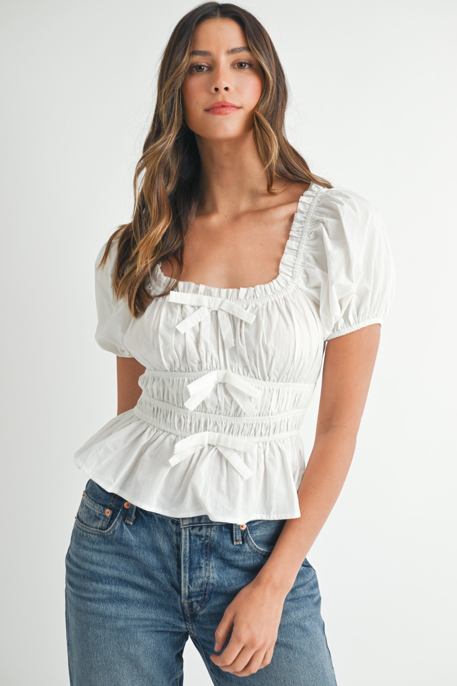 【THE MOZZ】Bian Puff Shirring Polar BRIONYT SQUARE NECK BOW BLOUSE – Mable Clothing