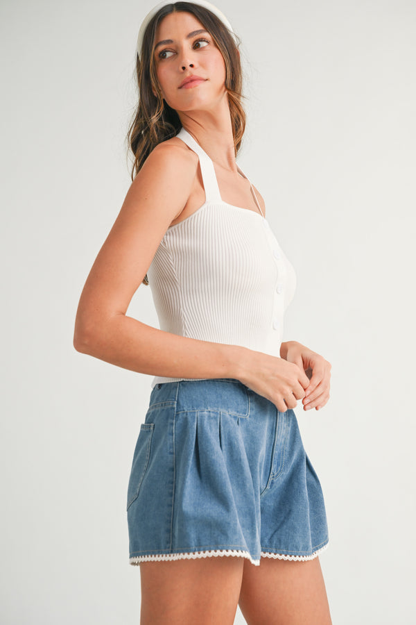 CHARLIE BUTTON FRONT HALTER NECK KNIT TOP
