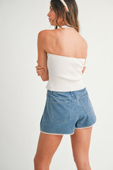 CHARLIE BUTTON FRONT HALTER NECK KNIT TOP