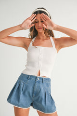CHARLIE BUTTON FRONT HALTER NECK KNIT TOP