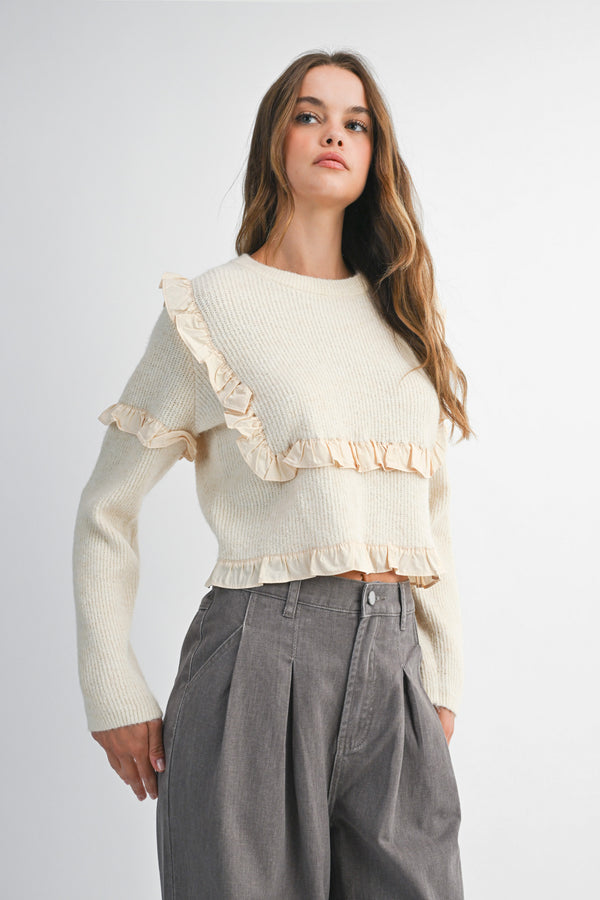 ROSA CREW NECK RUFFLE SWEATER PULLOVER