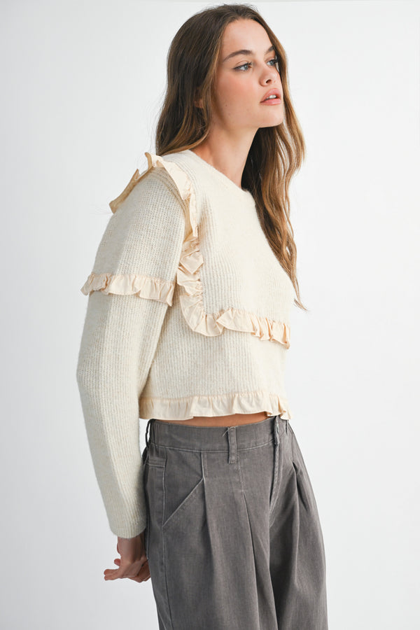 ROSA CREW NECK RUFFLE SWEATER PULLOVER