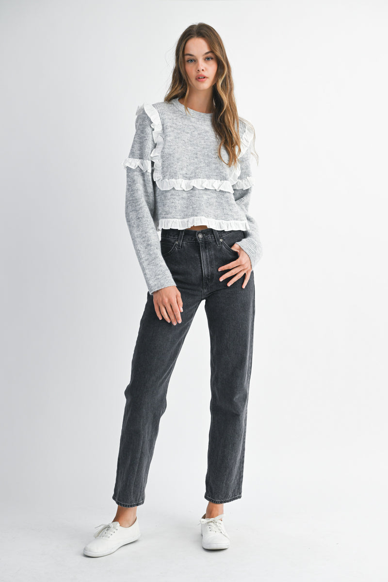 ROSA CREW NECK RUFFLE SWEATER PULLOVER