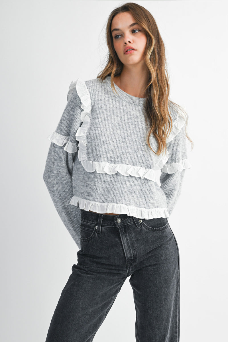 ROSA CREW NECK RUFFLE SWEATER PULLOVER
