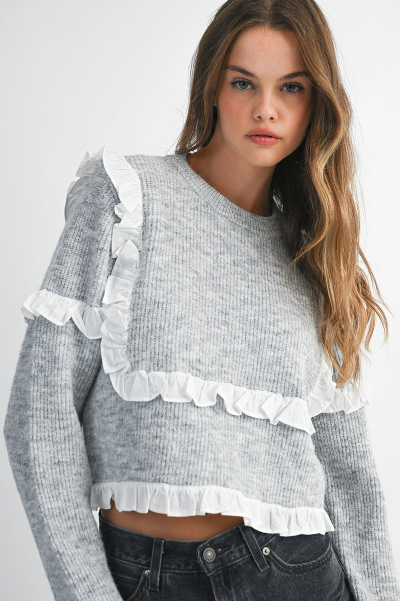 ROSA CREW NECK RUFFLE SWEATER PULLOVER