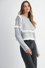 ROSA CREW NECK RUFFLE SWEATER PULLOVER