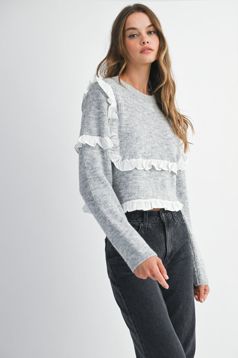 ROSA CREW NECK RUFFLE SWEATER PULLOVER