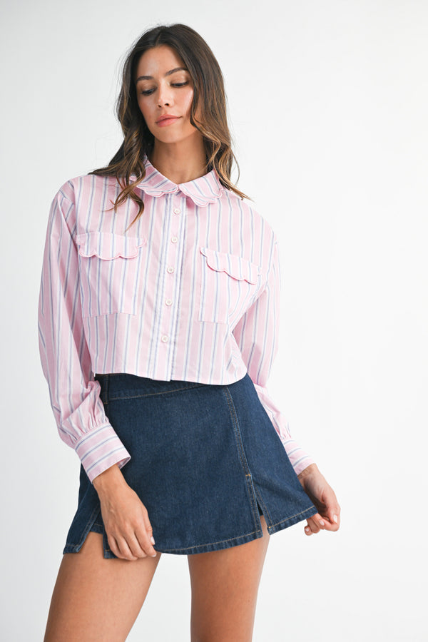 RENILDA SCALLOPED DETAILED PIN STRIPE SHIRTS