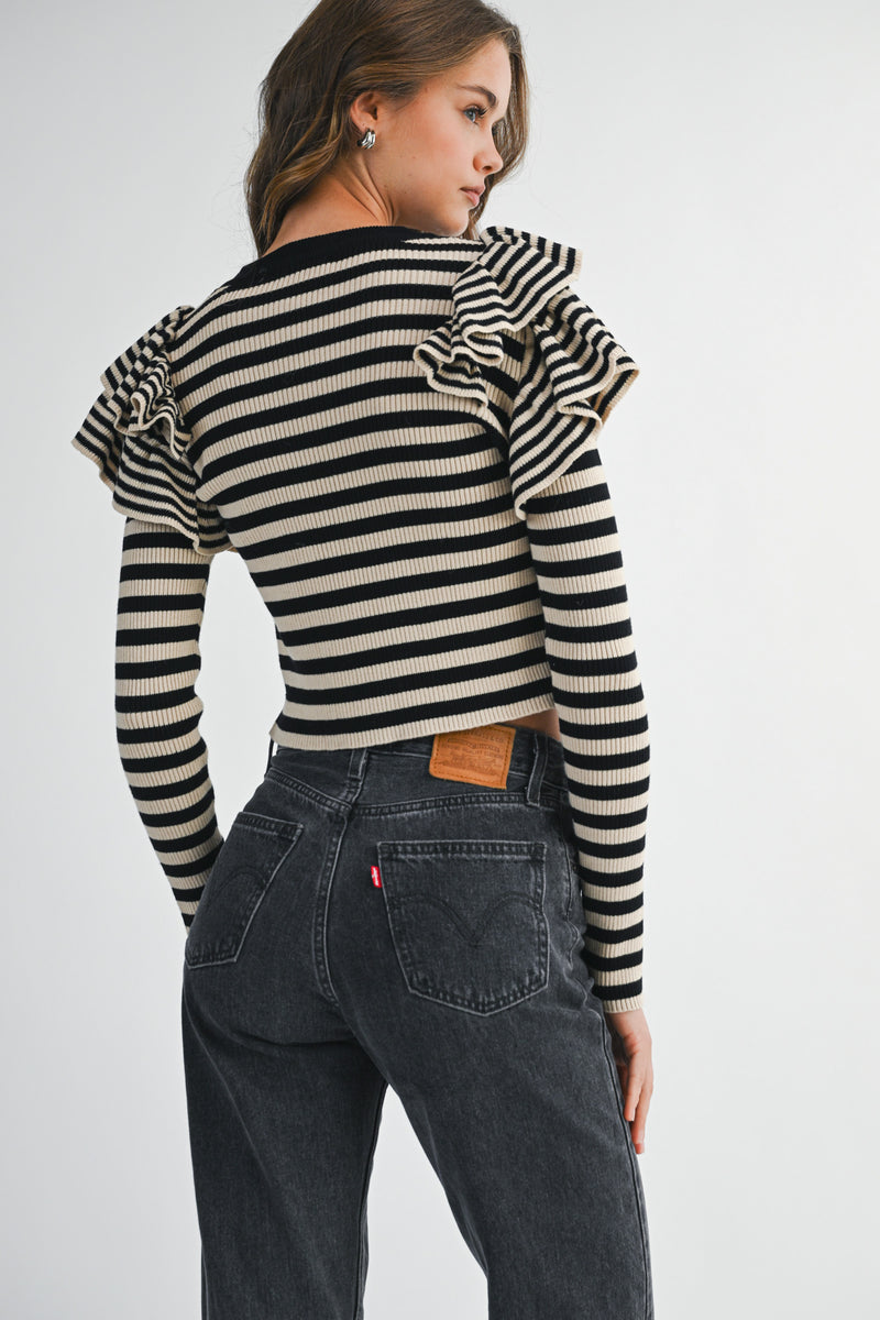 EMELIA STRIPE RUFFLE LONG SLEEVE KNIT TOP