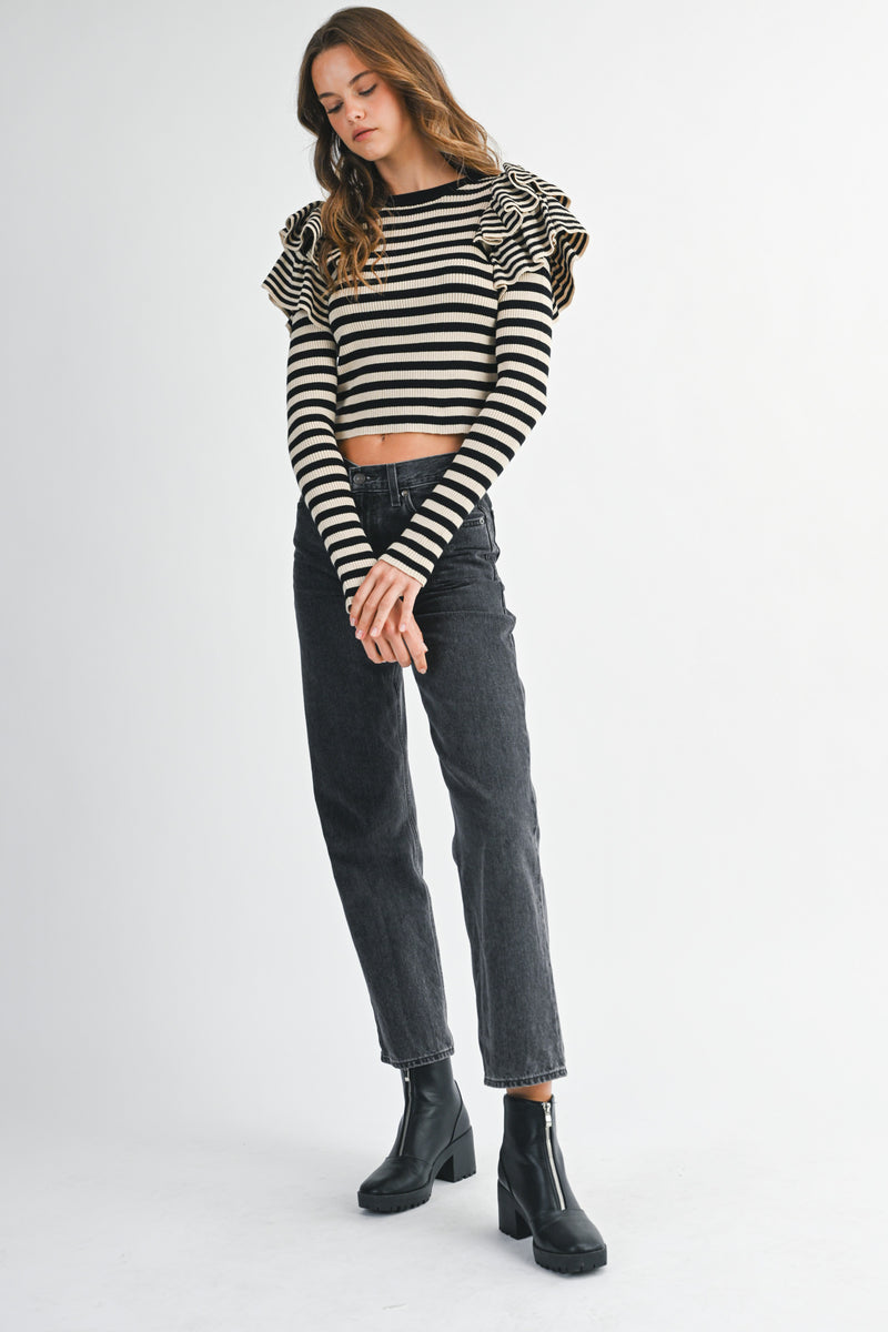 EMELIA STRIPE RUFFLE LONG SLEEVE KNIT TOP