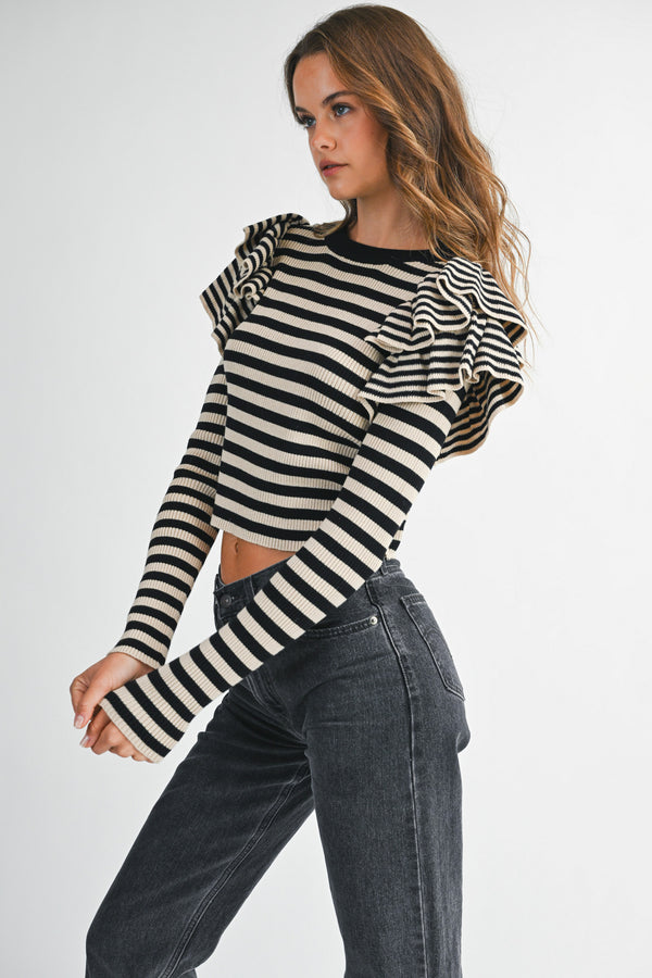 EMELIA STRIPE RUFFLE LONG SLEEVE KNIT TOP