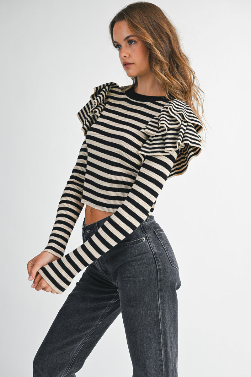 EMELIA STRIPE RUFFLE LONG SLEEVE KNIT TOP