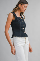 CAITLIN SLEEVELESS BUTTON DENIM TOP