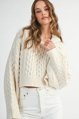 MADELYN BRAIDED KNIT CROP HOODIE SWEATER