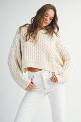MADELYN BRAIDED KNIT CROP HOODIE SWEATER