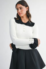 CLARE CONTRAST COLLAR RIBBED KNIT TOP