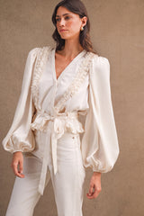 MYLA SILKY SATIN RUFFLE DETAIL WRAP TOP