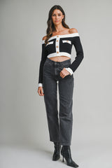 RUBY OFF SHOULDER KNIT TOP WITH BUTTON DETAIL