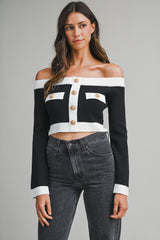 RUBY OFF SHOULDER KNIT TOP WITH BUTTON DETAIL