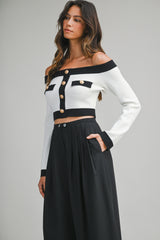 RUBY OFF SHOULDER KNIT TOP WITH BUTTON DETAIL