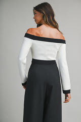 RUBY OFF SHOULDER KNIT TOP WITH BUTTON DETAIL