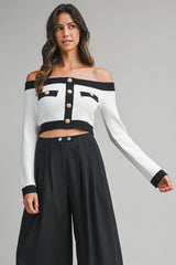 RUBY OFF SHOULDER KNIT TOP WITH BUTTON DETAIL