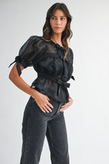 AURELIE ORGANZA BOW PUFF SLEEVE TOP