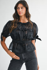 AURELIE ORGANZA BOW PUFF SLEEVE TOP