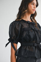 AURELIE ORGANZA BOW PUFF SLEEVE TOP