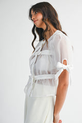 AURELIE ORGANZA BOW PUFF SLEEVE TOP