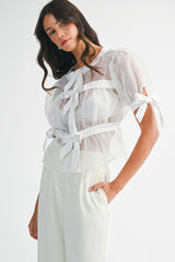 AURELIE ORGANZA BOW PUFF SLEEVE TOP