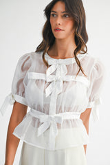 AURELIE ORGANZA BOW PUFF SLEEVE TOP
