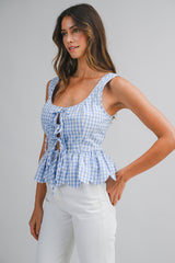 KENNEDY BOW DETAILED GINGHAM PLAID PEPLUM TOP