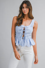 KENNEDY BOW DETAILED GINGHAM PLAID PEPLUM TOP