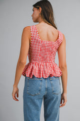 KENNEDY BOW DETAILED GINGHAM PLAID PEPLUM TOP