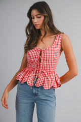 KENNEDY BOW DETAILED GINGHAM PLAID PEPLUM TOP