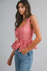 KENNEDY BOW DETAILED GINGHAM PLAID PEPLUM TOP