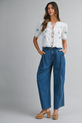SALMA EMBROIDERED LACE TRIM TIE FRONT TOP