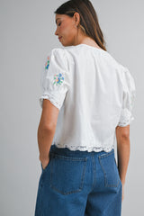 SALMA EMBROIDERED LACE TRIM TIE FRONT TOP
