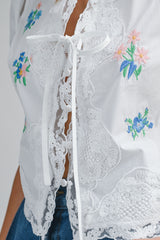 SALMA EMBROIDERED LACE TRIM TIE FRONT TOP